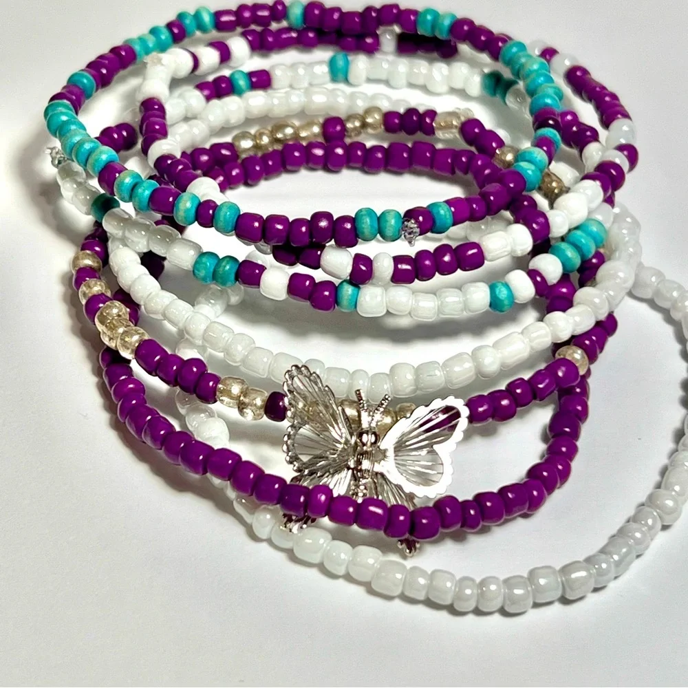 Beaded bracelets butterfly purple blue white silver handmade stretchy